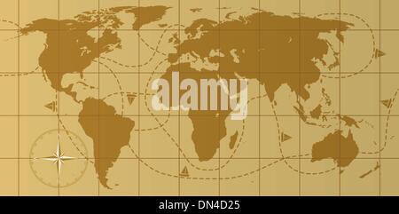 Retrò vettore mappa mondiale con rosa dei venti Illustrazione Vettoriale