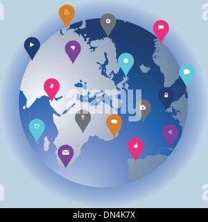 Tecnologia sociale e media globe che mostra le icone di rete in un Illustrazione Vettoriale