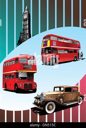 Retrò Broun auto e due London Double Decker bus . Vettore Illustrazione Vettoriale