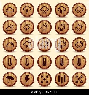 Legno icone meteo in sfondo marrone Illustrazione Vettoriale