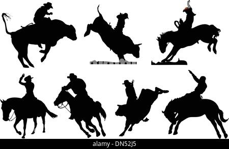 Sette rodeo silhouette. Bianco e nero illustrazione vettoriale Illustrazione Vettoriale