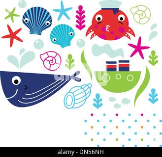 Simpatici animali marini set isolato su bianco Illustrazione Vettoriale