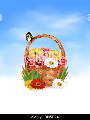 Sfondo di vacanza. Cesto pieno di fiori con una farfalla. Vec Illustrazione Vettoriale