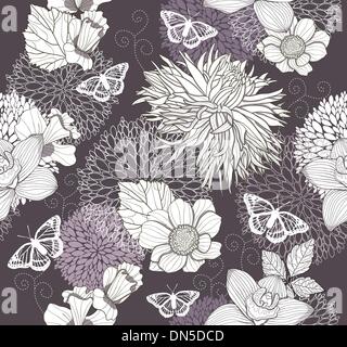 Modello senza cuciture con fiori e farfalle. Sfondo floreale. Illustrazione Vettoriale