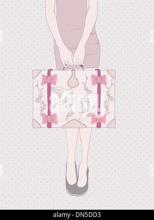 Illustrazione Moda Donna con valigia vintage borsa retrò con uccelli e fiori ornamento sfondo con ragazza pronto a viaggiare. Illustrazione Vettoriale