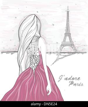 Ragazza guarda alla torre eiffel. Disegnato a mano cartolina di Parigi. Illustrazione Vettoriale