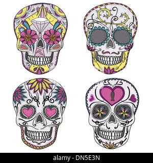 Cranio messicano set. Teschi colorati con fiore e cuore Illustrazione Vettoriale