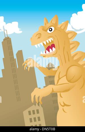 Dinosauro Monster attaccando una città Illustrazione Vettoriale