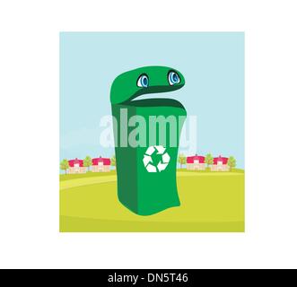 Funny recycling bin contiene una bottiglia di vetro Illustrazione Vettoriale