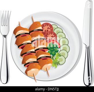 Vettore di pollo alla brace, verdure sulla piastra, coltello e forchetta Illustrazione Vettoriale