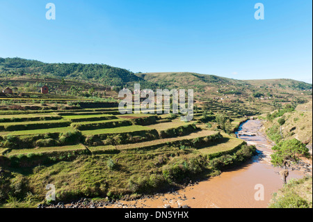 Villaggi di Merina persone con risaie a terrazze al di sopra di un fiume, nei pressi di Antananarivo, Madagascar Foto Stock