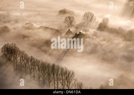 Vista aerea, Schloss Oberwerries moated castle, nebbia di mattina oltre il fiume Lippe, Hamm, la zona della Ruhr, Renania settentrionale-Vestfalia Foto Stock
