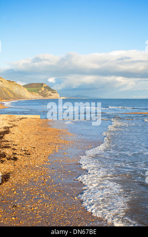 Vista di Golden Cap su Jurassic Coast, Dorset, Inghilterra visto dal Charmouth. Foto Stock