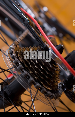 Mountain bike la cassetta sulla ruota con la catena di close up Foto Stock