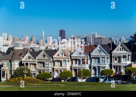 Painted Ladies case vittoriane in Alamo Square, San Francisco, California, Stati Uniti d'America Foto Stock