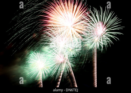 Varietà di coloratissimi fuochi d'artificio o petardo nelle tenebre. Foto Stock