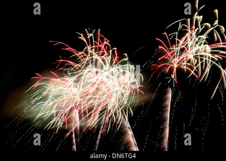 Varietà di coloratissimi fuochi d'artificio o petardo nelle tenebre. Foto Stock