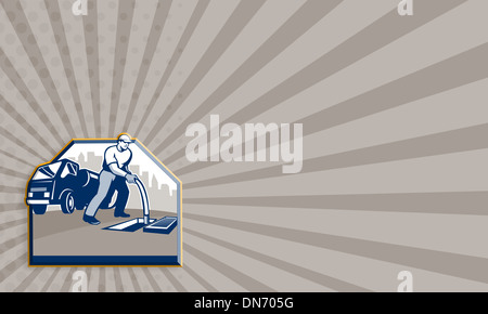 Business card template mostra illustrazione di un pozzo di drenaggio chirurgo unblocker lavoratore flessibile di sblocco nel tombino con scarico Foto Stock