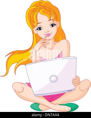 Giovane donna seduta sul cuscino con il computer portatile Illustrazione Vettoriale
