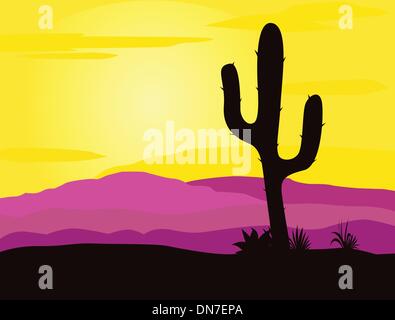 Messico tramonto nel deserto con i cactus silhouette e montagne Illustrazione Vettoriale