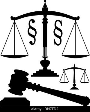Scale di vettore di giustizia, martello e simboli di paragrafo Illustrazione Vettoriale