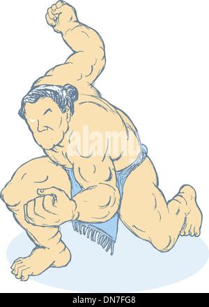 Giapponese lottatore di Sumo atteggiamento di combattimento Illustrazione Vettoriale