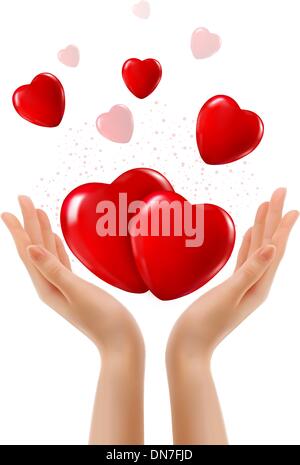 Sfondo di vacanza con due mani e cuori rossi. Vettore Illustrazione Vettoriale