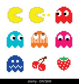 Pacman e fantasmi 80's computer game set di icone Illustrazione Vettoriale