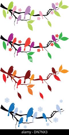 Uccelli sull albero in quattro stagioni, set di vettore Illustrazione Vettoriale