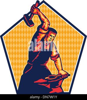 Fabbro lavoratore sorprendente mazza incudine retrò Illustrazione Vettoriale