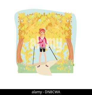 Nordic walking - donna attivo esercizio outdoor Illustrazione Vettoriale