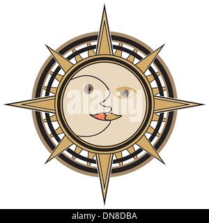 Sole e Luna face tradizionali orientali in India segno del vettore - giorno e notte illustrazione isolati su sfondo bianco. Illustrazione Vettoriale