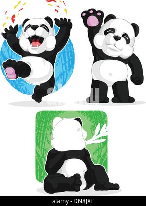 Panda Set - Happy, agitando la mano, mangiare il bambù Illustrazione Vettoriale