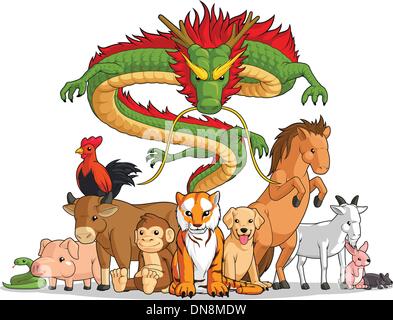 Tutte le 12 dello zodiaco cinese animali insieme Illustrazione Vettoriale