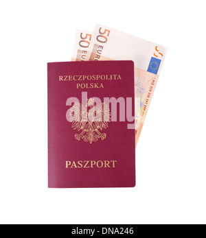Le banconote di euro cinquanta in polacco passaporto rosso Foto Stock