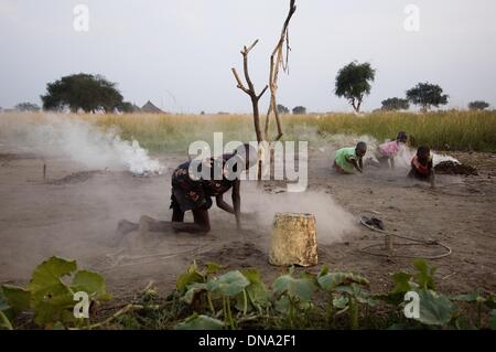 Alian, Jonglei, Sud Sudan. Xiv Nov, 2009. I bambini in Alian villaggio nei pressi di Bor in stato di Jonglei, Sud Sudan rendono le pile di sterco di vacca che vengono bruciati durante la notte per mantenere le zanzare ed altri insetti lontano dai bovini dopo il loro ritorno al villaggio per la notte in questo 2009 foto d'archivio. Alian è un villaggio Dinka circa 25 miglia a nord di Bor, dove di recente Dinka e Nuer fazioni in seno al governo hanno iniziato a combattere. © sarà Seberger/ZUMAPRESS.com/Alamy Live News Foto Stock