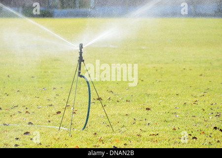 Treppiede sprinkler di tipo nel campo di prato Foto Stock