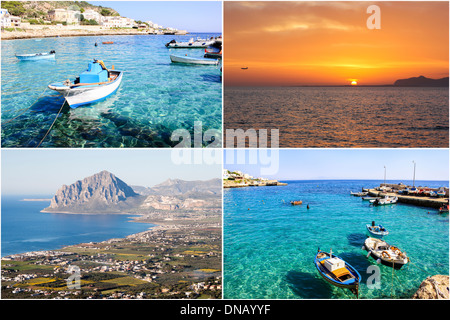 Collage di estate mare vacanze sole al tramonto Sicilia Italia [isole Egadi] Levanzo Isola Favignana barche da pesca sunny Foto Stock