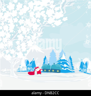 Paesaggio invernale con case e divertente di Santa Foto Stock