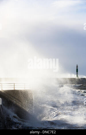 Aberystwyth, Wales, Regno Unito. 22 Dic, 2013. Gale force venti cause molto ruvida mari a metà costa del Galles. Onde enormi colpire le difese di mare presso la foce del Aberystwyth Harbour. Credito: atgof.co/Alamy Live News Foto Stock