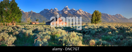 L'iconico nord Moulton Barn e il Teton Mountains lungo Antelope Flats strada in Grand Teton National Park, Wyoming Foto Stock