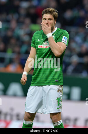 Bremen, Germania. Xxi Dec, 2013. Bremen di Sebastian Proedl reagisce durante la Bundesliga tedesca match tra Werder Brema e Bayer 04 Leverkusen al Weserstadion di Brema, Germania, 21 dicembre 2013. Foto: Carmen Jaspersen/dpa/Alamy Live News Foto Stock