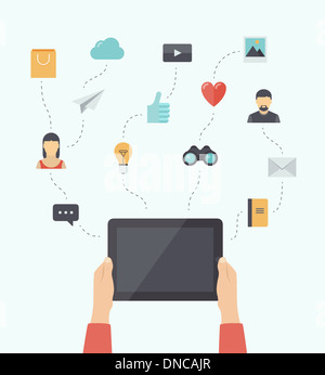 Design piatto illustrazione concetto di utilizzare la moderna tecnologia di comunicazione con elegante tavoletta digitale in mani Foto Stock