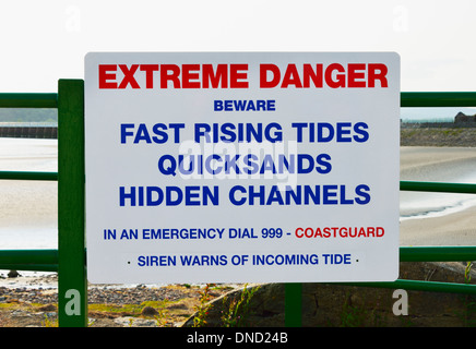 "Estremo pericolo', avviso, Morecambe Bay. Arnside, Cumbria, England, Regno Unito, Europa.