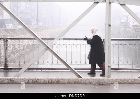 Sarajevo, Bosnia ed Erzegovina. 23 Dic, 2013. Una donna cammina su un ponte a Sarajevo, nella capitale della Bosnia ed Erzegovina, a Dic. 23, 2013. Sarajevo ha emesso un allarme giallo per inquinamento atmosferico lunedì. Credito: Haris Memija/Xinhua/Alamy Live News Foto Stock