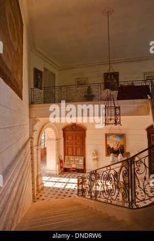 La scala principale dello Chateau de Saint Fargeau in Borgogna, Francia. Foto Stock