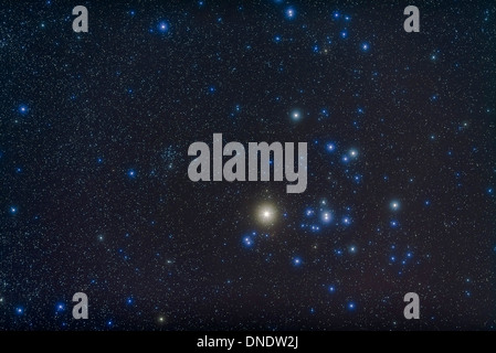 La open cluster Hyades gigante e stella Aldebaran , nella costellazione del Toro, con minori open cluster NGC 1647 a sinistra. Foto Stock