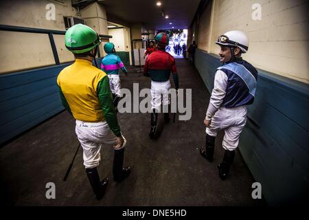 Inglewood, California, Stati Uniti d'America. Xxi Dec, 2013. Fantini a piedi attraverso il tunnel in tribuna sul loro modo di paddock su dicembre 21, 2013 a Betfair Hollywood Park a Inglewood, California . La via è impostato per chiudere su dicembre 22, 2013 dopo il funzionamento per 75 anni. © Alex Evers/eclipse/ZUMAPRESS.com/Alamy Live News Foto Stock