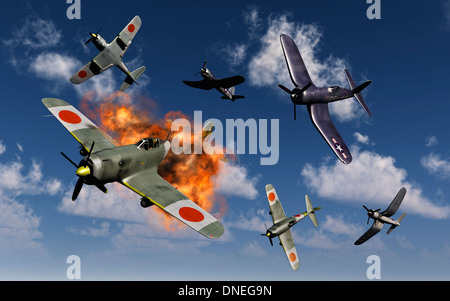 American f4u corsari e giapponese Nakajima ki-84 hayata fighters uno contro l'altro. Foto Stock