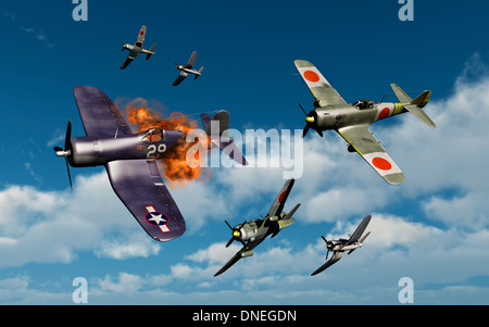 American f4u corsari e giapponese Nakajima ki-84 hayata fighters uno contro l'altro. Foto Stock